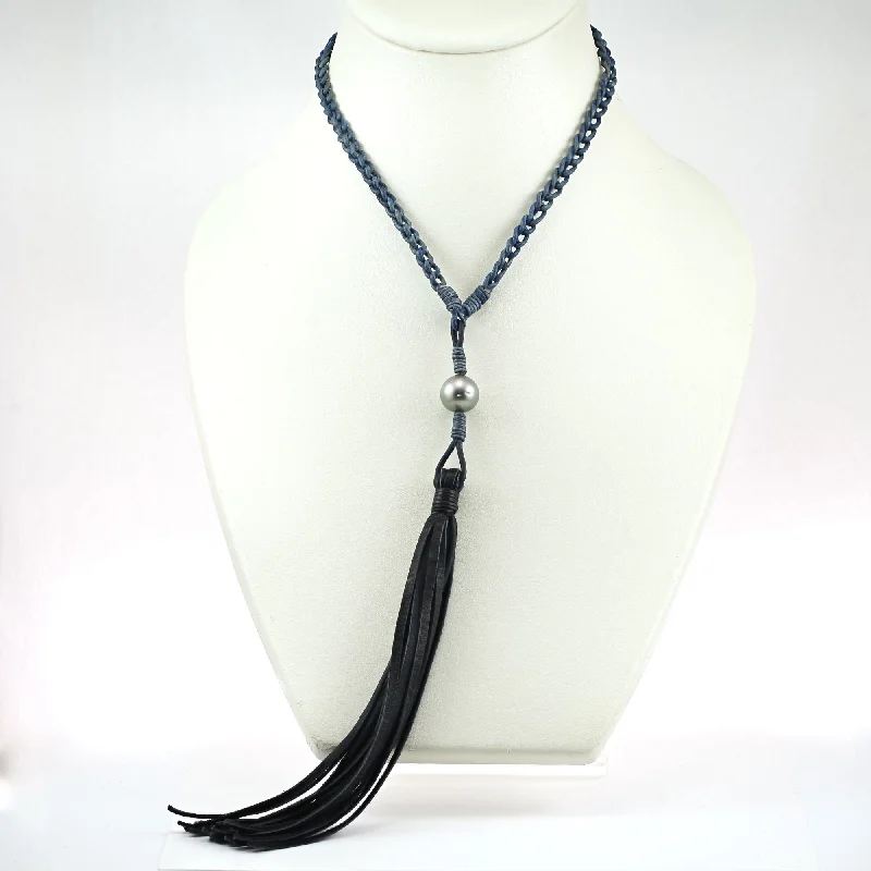 Simple cross necklaces-VINCENT PEACH 36-INCH COMOROS BRAIDED PREMIUM BLUE LEATHER TASSEL NECKLACE WITH TAHITIAN PEARL