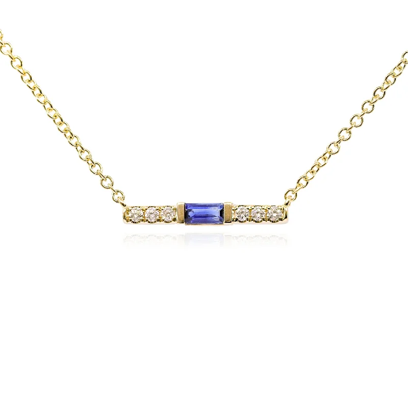 Bright stone necklaces-14K YELLOW GOLD EAST-WEST SAPPHIRE DIAMOND BAR NECKLACE