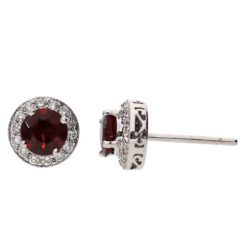 Bear wing earrings-18K White Gold Round Ruby and Diamond Halo Earrings