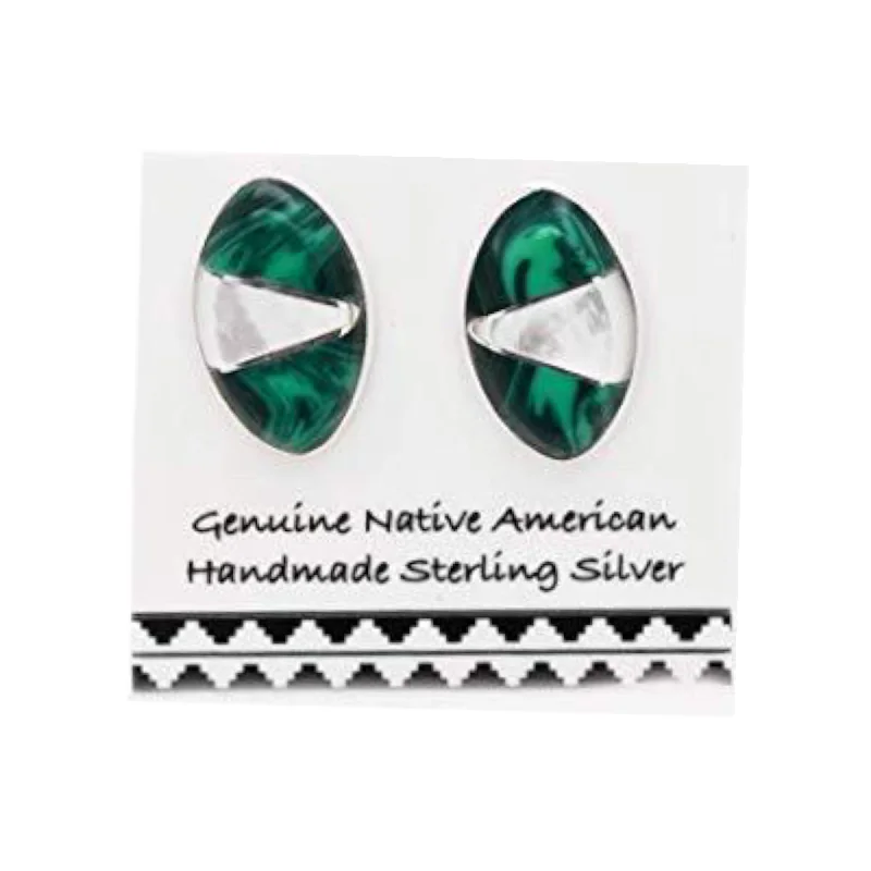 Genuine Malachite and Moonstone Stud Earrings in 925 Sterling Silver, Native American Handmade in the USA, Nickel Free, Dark Green