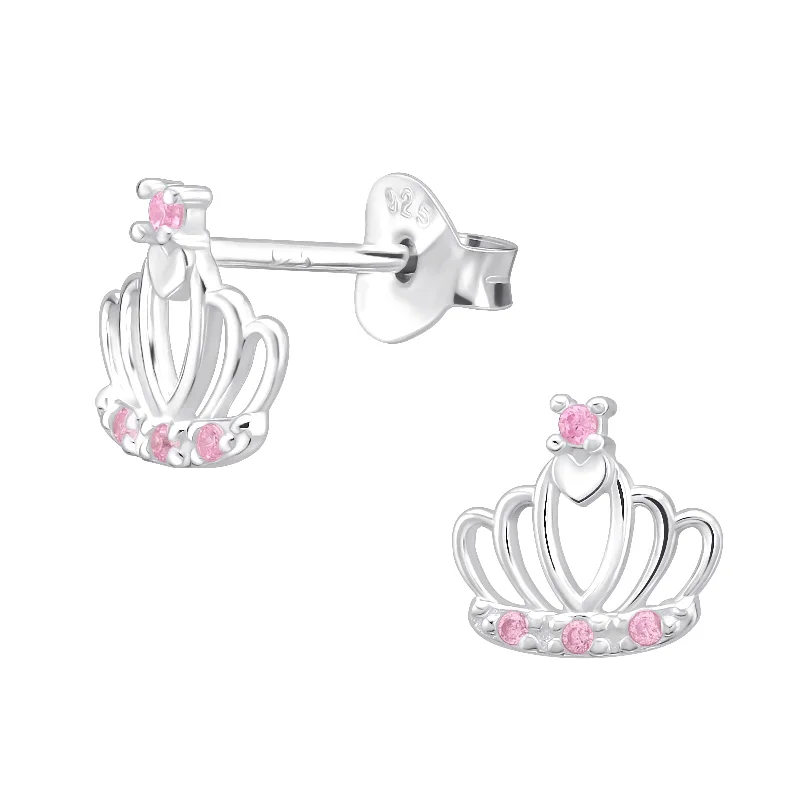 Fine threader earrings-Children’s Sterling Silver Crown Earring’s with Pink Crystals Earring’s