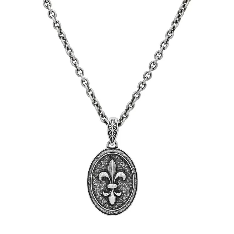 High bar necklaces-JOHN VARVATOS MEN'S STERLING SILVER FLEUR DE LIS OVAL SLIDE PENDANT NECKLACE