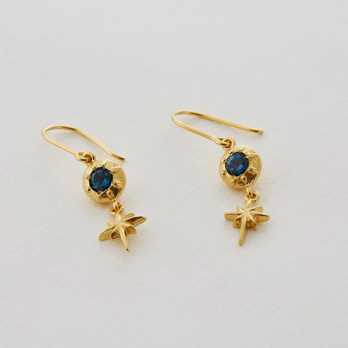 Fine threader earrings-Guiding Star Blue Topaz Hook Earrings