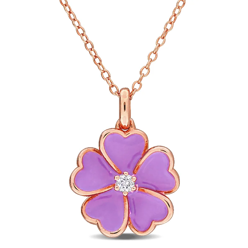 Spinel necklaces-Mimi & Max 1/10ct TGW White Topaz Purple Enamel Plated Flower Necklace Rose Silver-17 in