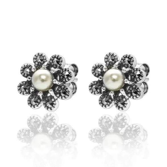 Bright art earrings-Marcasite & Pearl Flower Studs