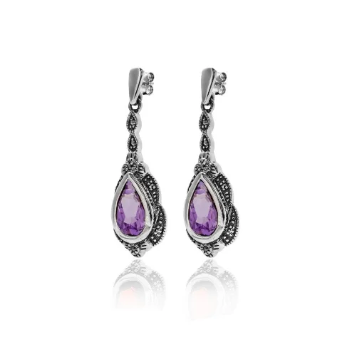 Bold cuff earrings-Amethyst Drop Marcasite Earrings