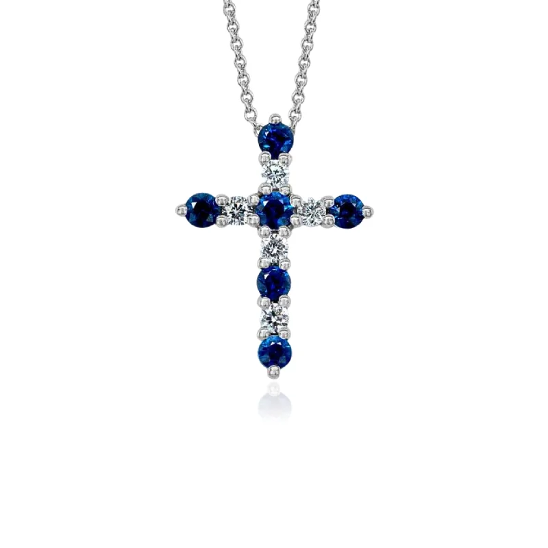 Poppy motif necklaces-14K WHITE GOLD DIAMOND SAPPHIRE CROSS NECKLACE