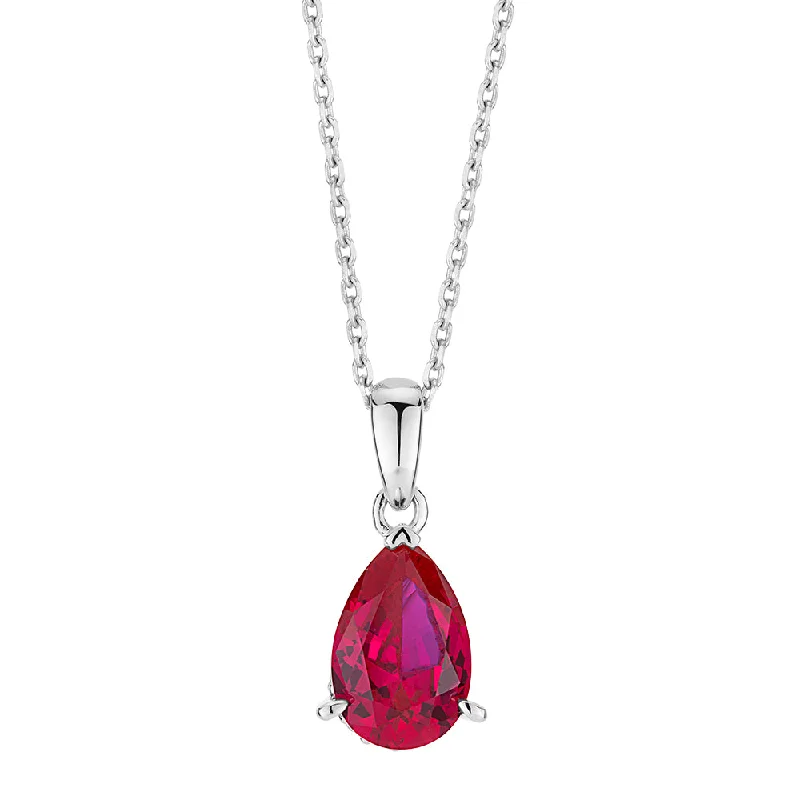 Antique bronze necklaces-Pear and Round Brilliant solitaire necklace with ruby and diamond simulants in sterling silver