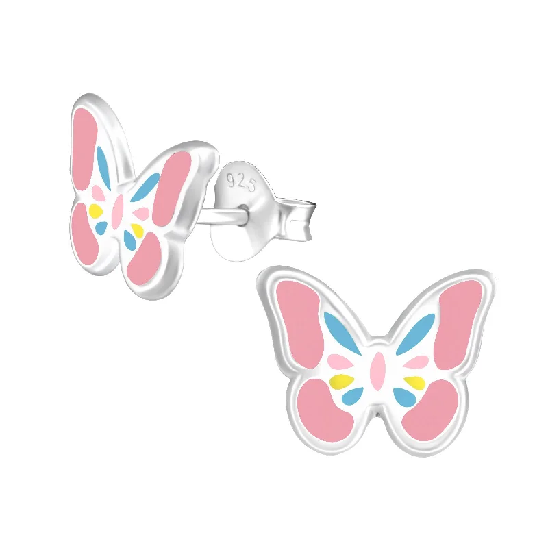 Sleek bar earrings-Children’s Sterling Silver Colourful Butterfly Earrings