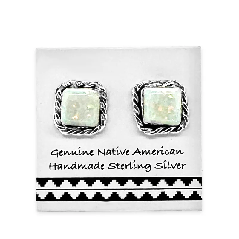 Desert Opal Square Stud Earrings in 925 Sterling Silver, Native American Handmade in the USA, Nickel Free, Gift Boxed