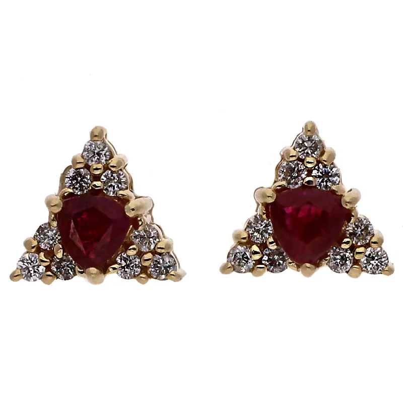 Round medallion earrings-14K Yellow Gold Trillion Cut Ruby and Diamond Triangle Stud Earrings