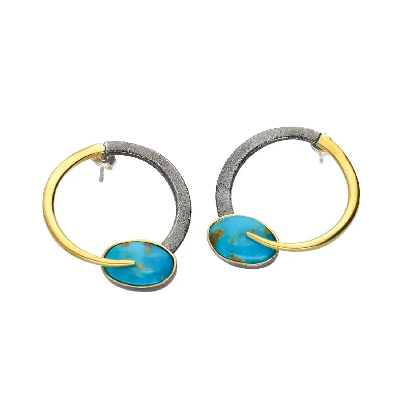 Wide statement earrings-Bora Jewelry of Brooklyn Sterling Silver & Bronze Oval Turquoise Earrings