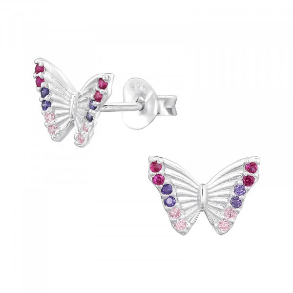 Tiny triangle earrings-Childrens Sterling Silver Butterfly Earrings With Multi Coloured Cz Detail