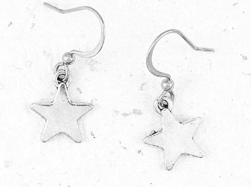 Short earrings with small silver stars, stainless steel hooks