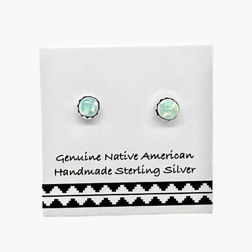 3mm Desert Opal Stud Earrings in 925 Sterling Silver, Native American USA Handmade, Nickel Free, White Synthetic Opal