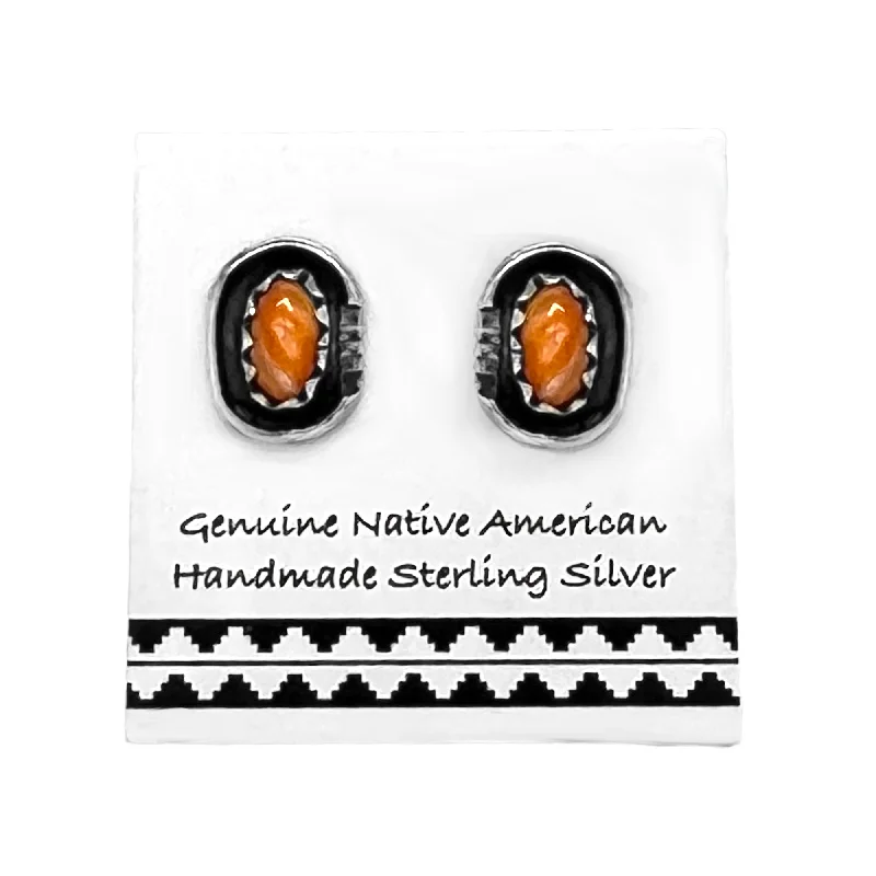 Orange Spiny Oyster Shell Stud Earrings, 925 Sterling Silver, Native American USA Handmade, Nickel Free, Natural Shell