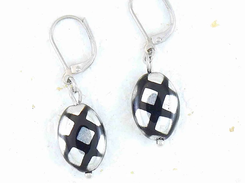 Short earrings with shiny black Czech glass ovals, choice of 2 patterns (multicoloured dots, silver criss-cross), stainless steel lever back hooks