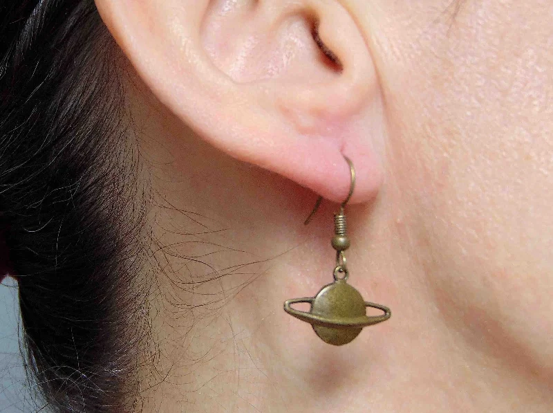 Short earrings with brass Saturn planets, brass steel hooks