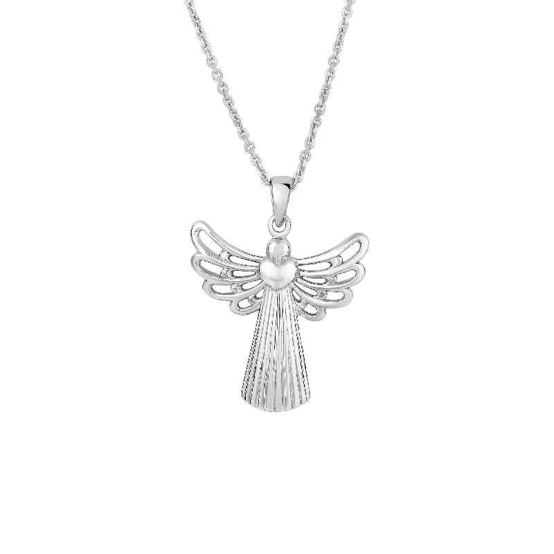 Engraved monogram necklaces-Silver with Rhodium Finish 31X24mm Open Wing Angel Fancy Pendant On 18 inches Silver 1.4mm Cable Chain with Lobster Clap