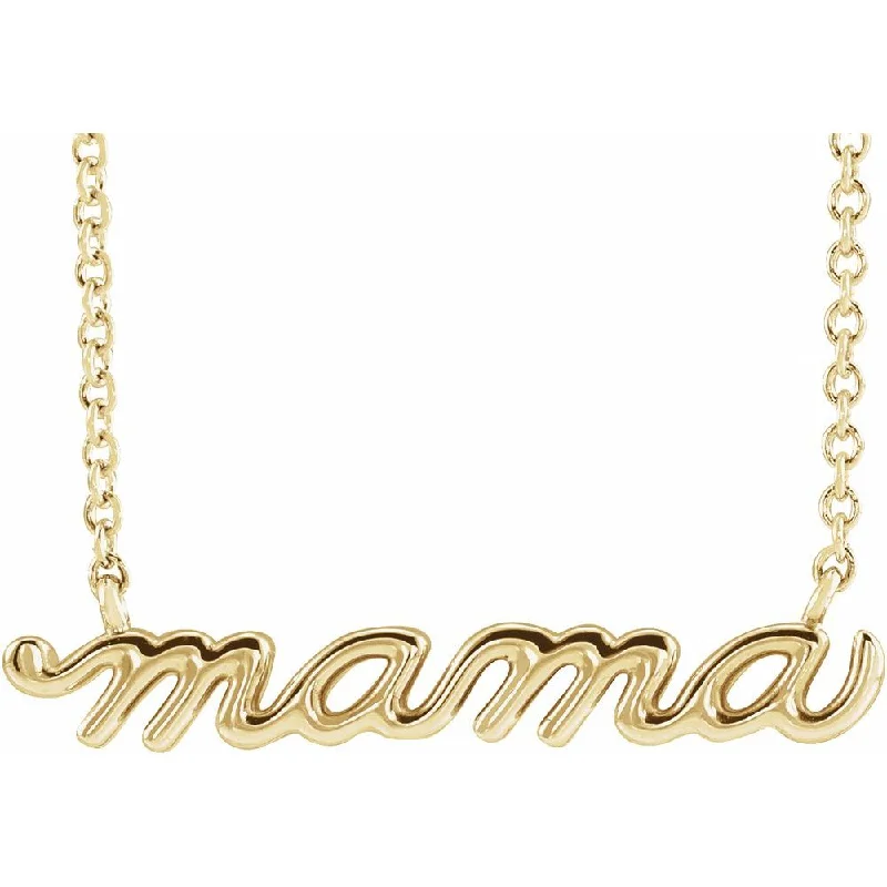 Pinch clasp necklaces-14kt Yellow Gold Mama Script Necklace on 18" Chain