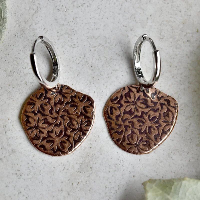 Warm clay earrings-'Trillium' Silver Huggie Hoop with Patterned Copper Drop