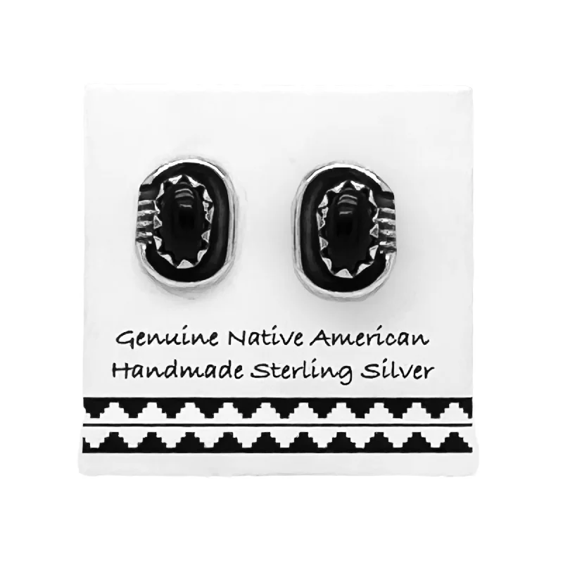 Genuine Onyx Stud Earrings, 925 Sterling Silver, Native American USA Handmade, Southwest Jewelry with Natural Black Stone