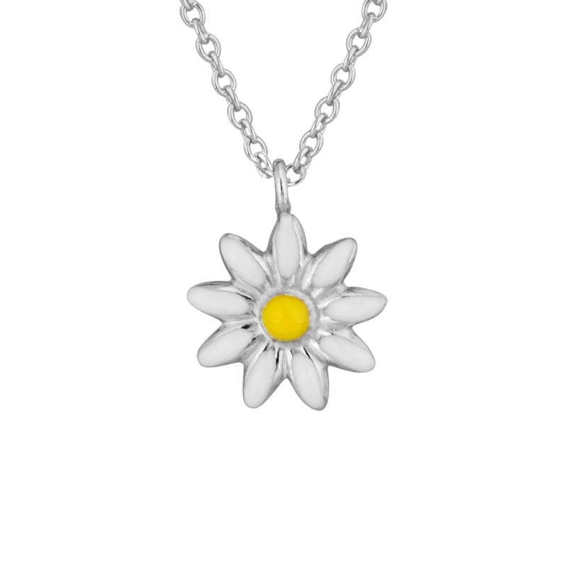 Elastic cord necklaces-STERLING SILVER WHITE AND YELLOW ENAMEL DAISY PENDANT NECKLACE