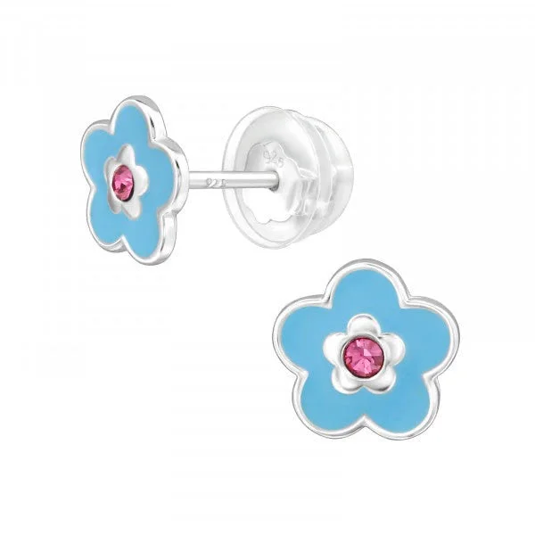 Plain cross earrings-Childrens Sterling Silver Blue Flower Earrings With Pink Cz