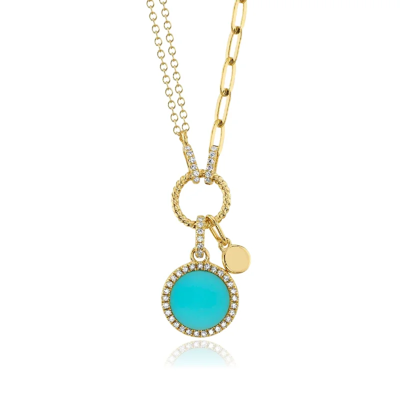 Pinch clasp necklaces-SHY CREATION 14K YELLOW GOLD COMPOSITE TURQUOISE AND DIAMOND CIRCLE NECKLACE