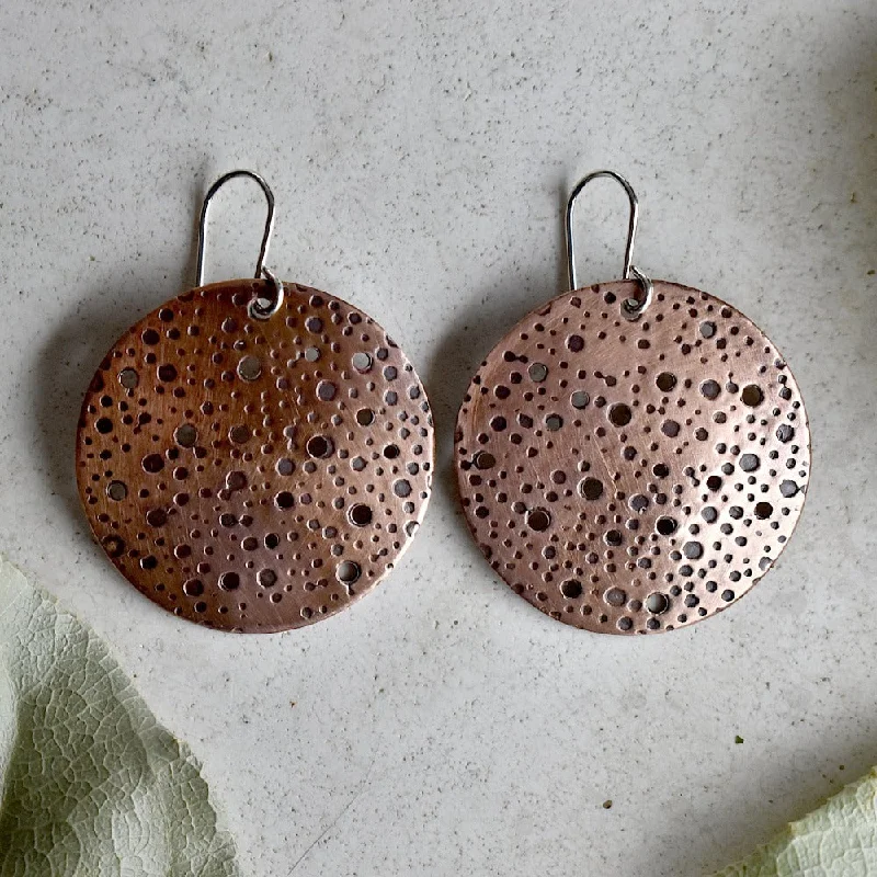 Java tile earrings-Oxidized Dots Large Copper Disc Drop Earrings