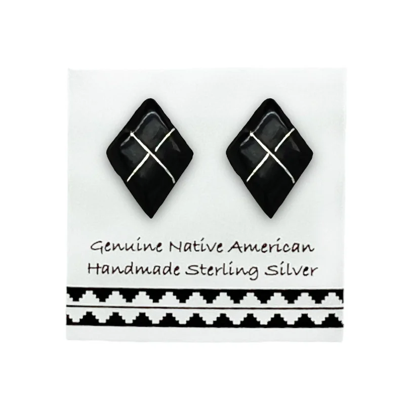 Genuine Onyx Stud Earrings, 925 Sterling Silver, Native American USA Handmade, Southwest Jewelry with Natural Black Stone