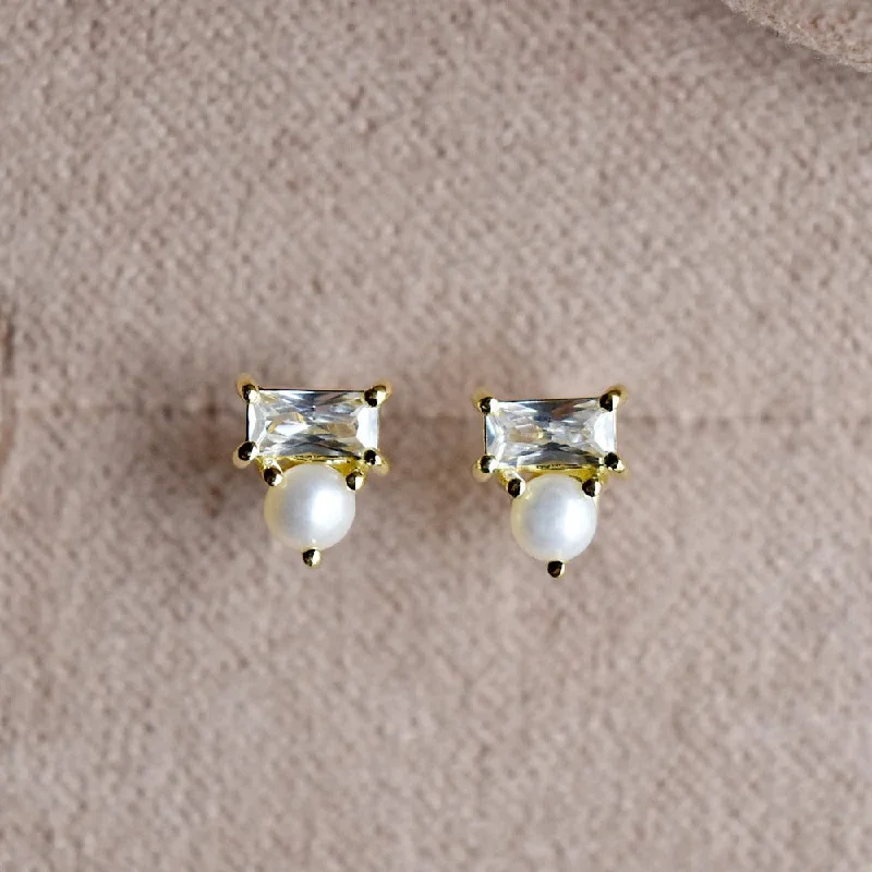 Rustic brass earrings-Tiny Pearl & CZ Studs