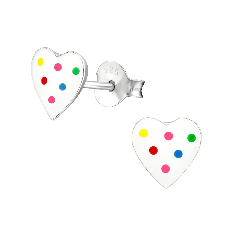 Aged coin earrings-Children’s Sterling Silver White Love Heart with Multi-Coloured poka dot Earring’s