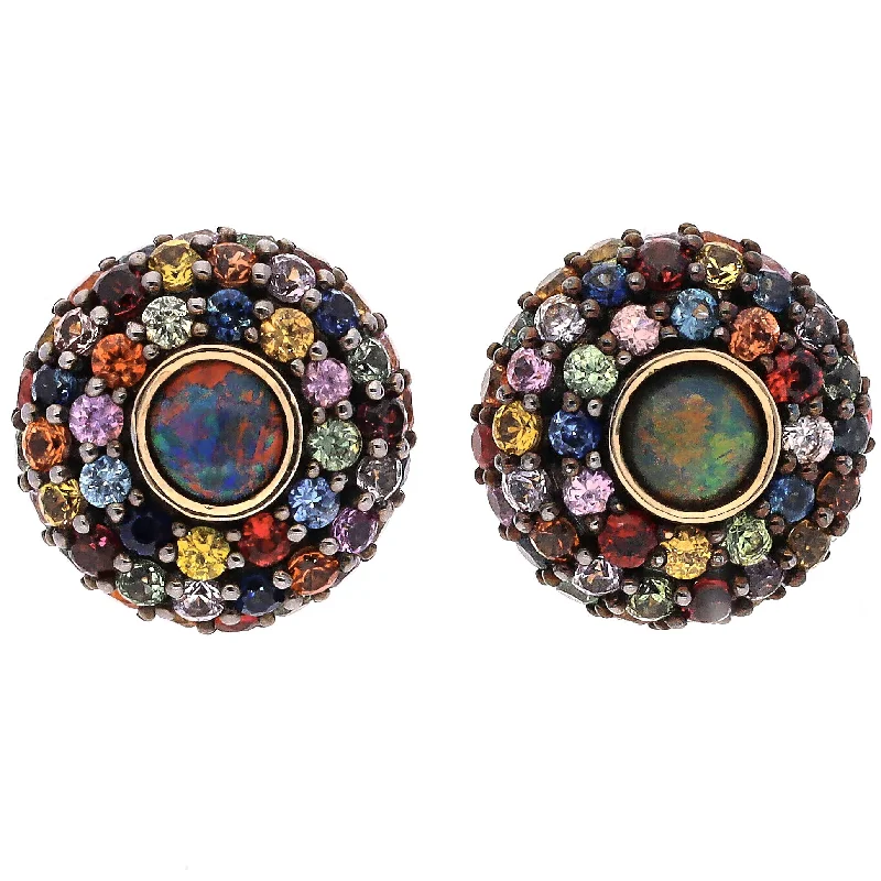 Broad hoop earrings-14K Black Rhodium Yellow Gold Black Opal and Multi-Colored Sapphire Custom Design Stud Earrings