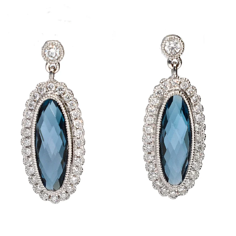 Sleek bar earrings-14K White Gold Checkerboard Cut Oval London Blue Topaz & Diamond Earrings