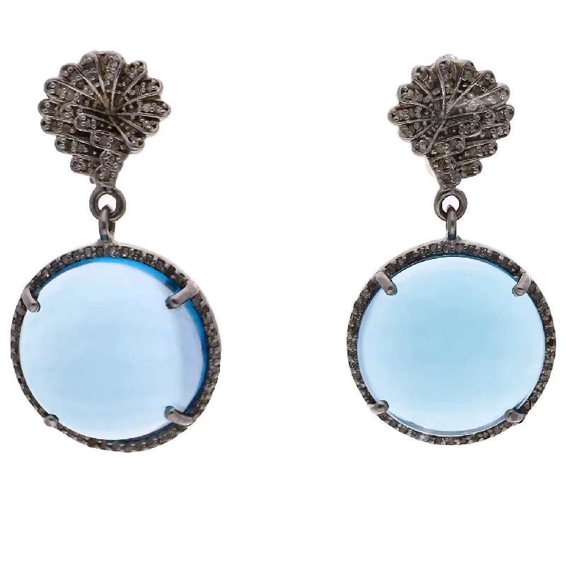 Antique bronze earrings-Black Rhodium Plated Sterling Silver Round Blue Topaz & Rough Cut Diamond Dangle Earrings