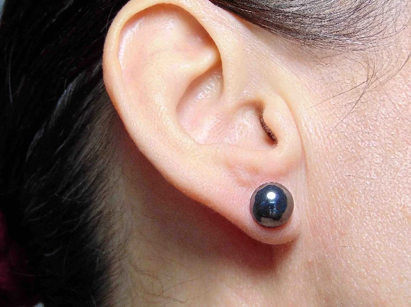 Ear studs with 10mm round hematite stone cabochons, stainless steel posts