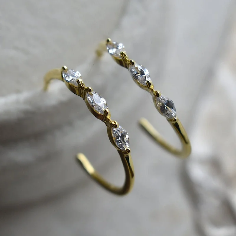 Solid hoop earrings-Hoop Stud with Triple Marquise CZ Accent