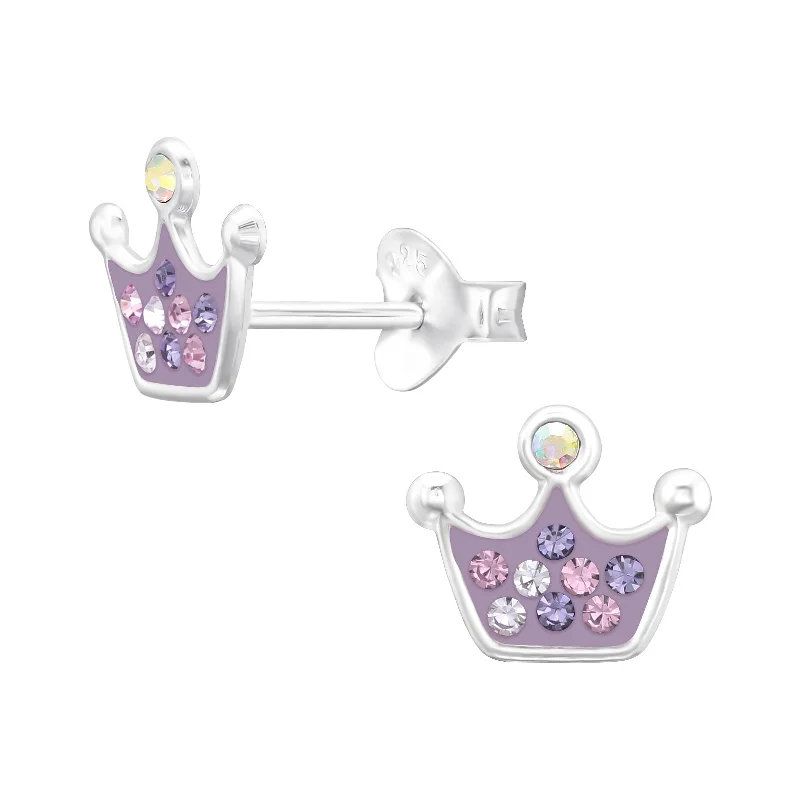 Graceful art earrings-Children’s Sterling Silver purple crown earrings with colourful crystals.