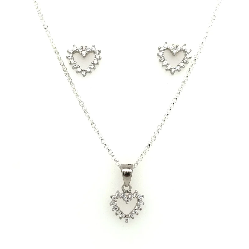 Tapered drop earrings-Sterling Silver Open CZ Heart Earring And Pendant Set