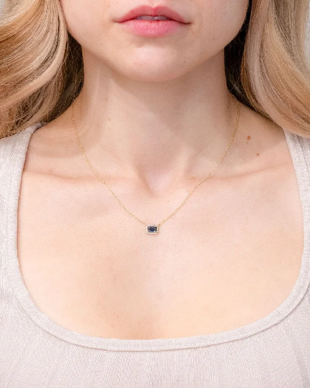 Whimsical bead necklaces-Diamond Halo Blue Sapphire Necklace