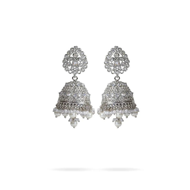 Slim hoop earrings-Vedha Jhumka Earrings in Pearl and Rhodium