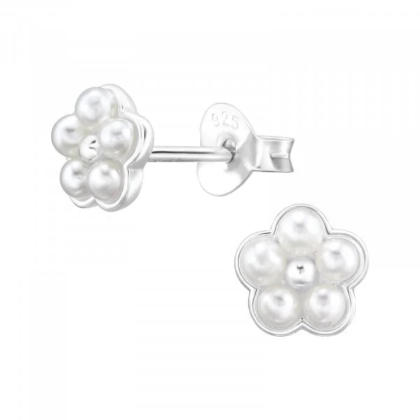 Tiered drop earrings-Childrens Sterling Silver Pearl Flower Earrings