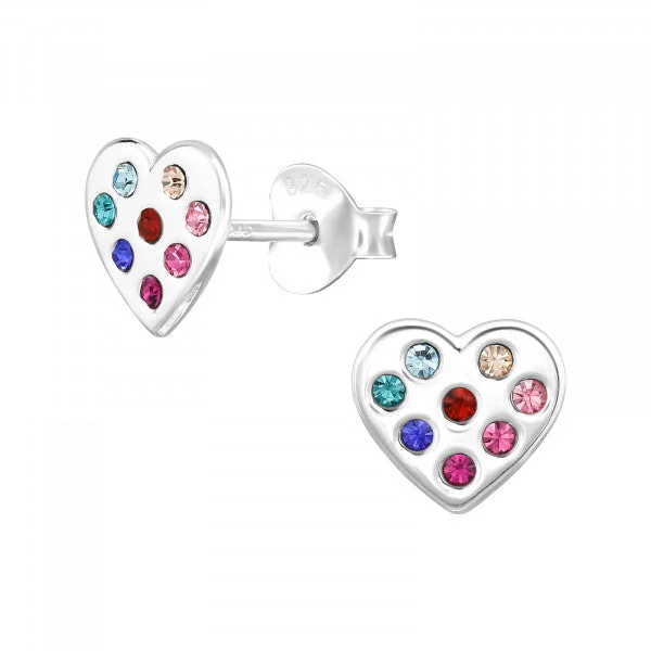 Twisted cord earrings-Childrens Sterling Silver Heart Earrings With Multi Coloured Cz Stones