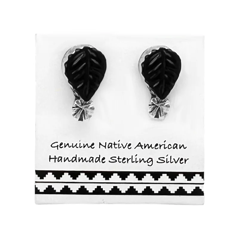 Genuine Onyx Stud Earrings, 925 Sterling Silver, Native American USA Handmade, Southwest Jewelry with Natural Black Stone