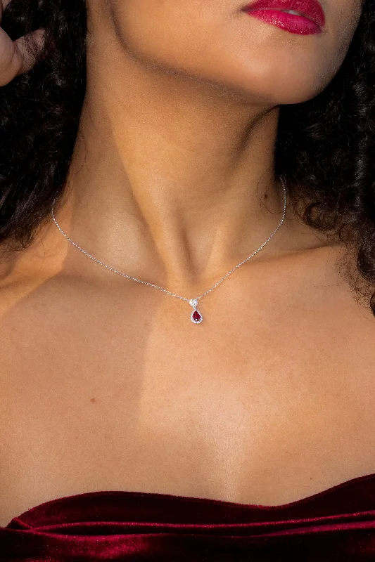 Braided link necklaces-Pear Ruby Diamond Halo Drop Necklace 14k White Gold