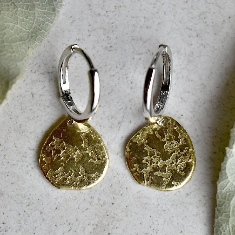 Aged coin earrings-'Ashes' Silver Huggie Hoop with Small Brass Drop