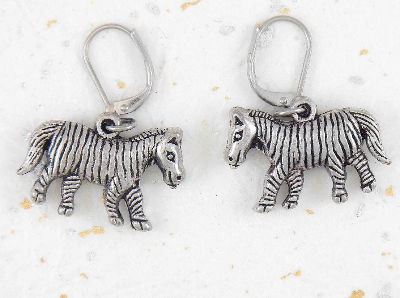 Short earrings with pewter zebras, stainless steel lever back hooks