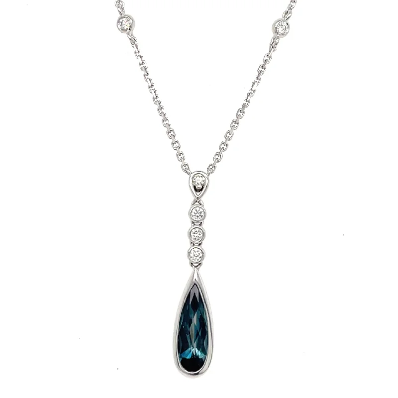 Twisted cord necklaces-14K White Gold Bezel Set Pear-Shaped London Blue Topaz Drop Necklace with Diamond Accents