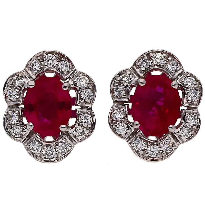 Trekker braid earrings-14K White Gold Oval Ruby with Diamond Halo Stud Earrings